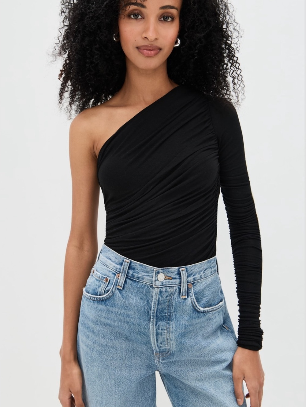 One-Shoulder Black Ruched Top - Women